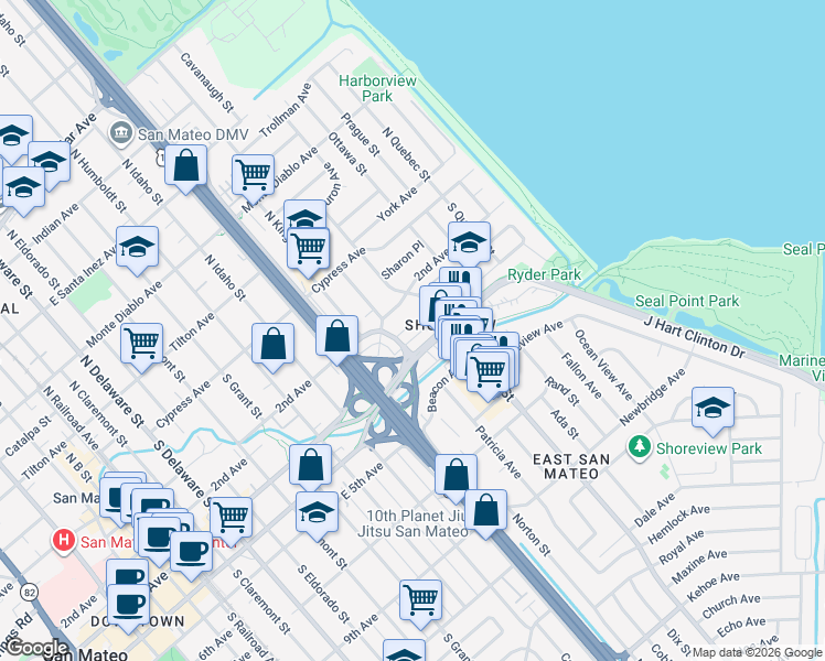 map of restaurants, bars, coffee shops, grocery stores, and more near 1418 Bradley Court in San Mateo