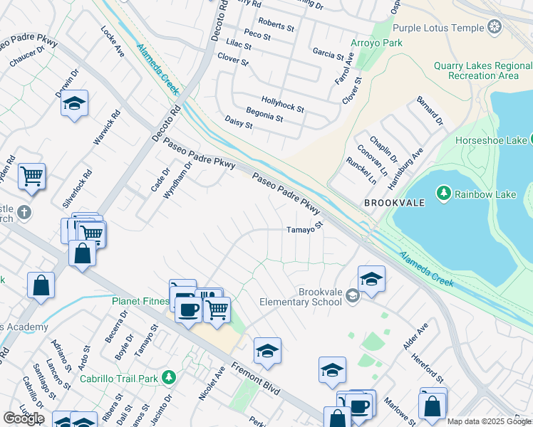 map of restaurants, bars, coffee shops, grocery stores, and more near 35547 Dee Place in Fremont