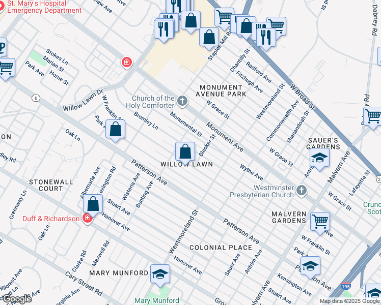 map of restaurants, bars, coffee shops, grocery stores, and more near 4707 Bromley Lane in Richmond