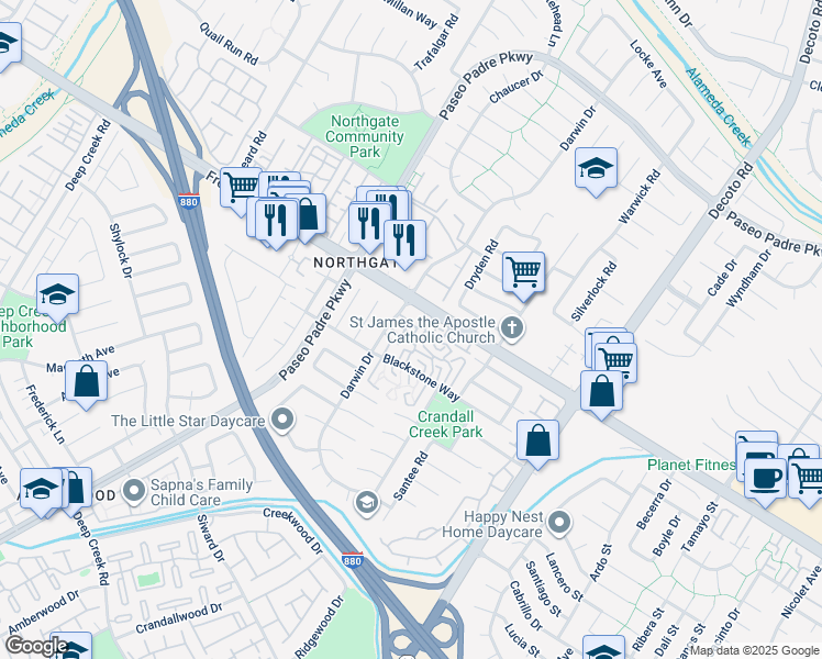 map of restaurants, bars, coffee shops, grocery stores, and more near 34512 Nantucket Common in Fremont