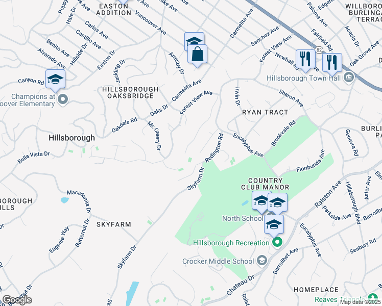 map of restaurants, bars, coffee shops, grocery stores, and more near 2155 Geri Lane in Hillsborough