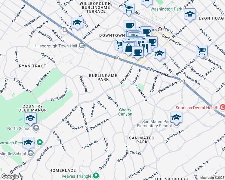 map of restaurants, bars, coffee shops, grocery stores, and more near 245 Chapin Lane in Burlingame