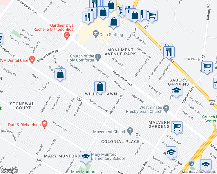 map of restaurants, bars, coffee shops, grocery stores, and more near 4700 Bromley Lane in Richmond