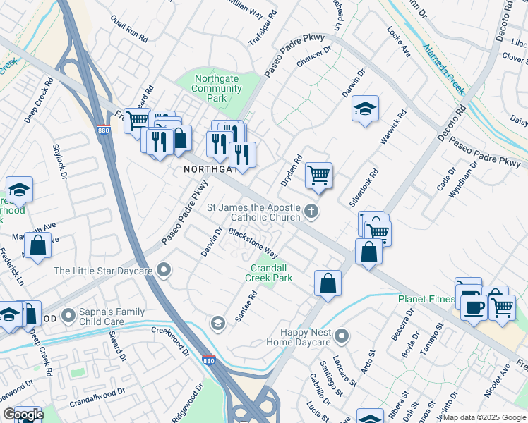 map of restaurants, bars, coffee shops, grocery stores, and more near 4015 Clydesdale Common in Fremont