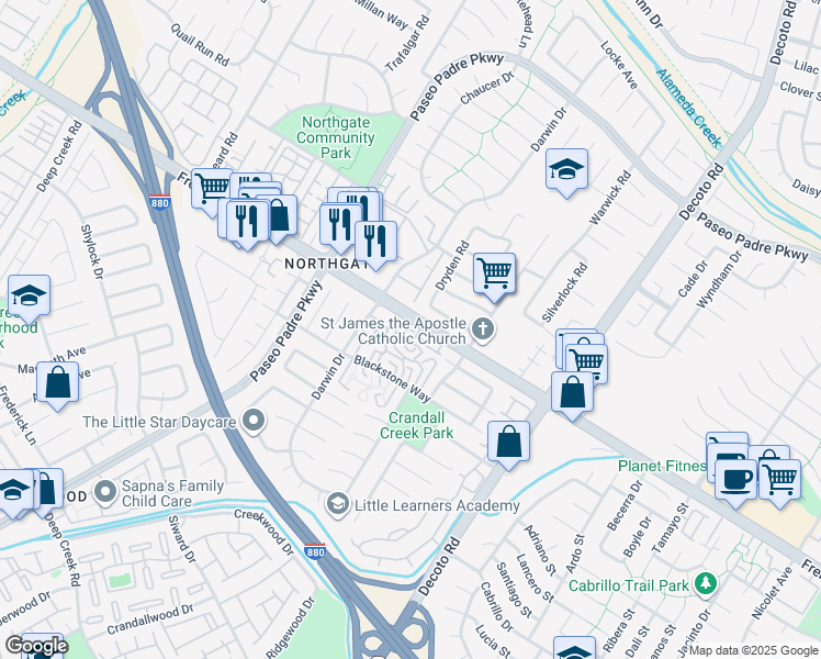 map of restaurants, bars, coffee shops, grocery stores, and more near 34547 Nantucket Common in Fremont