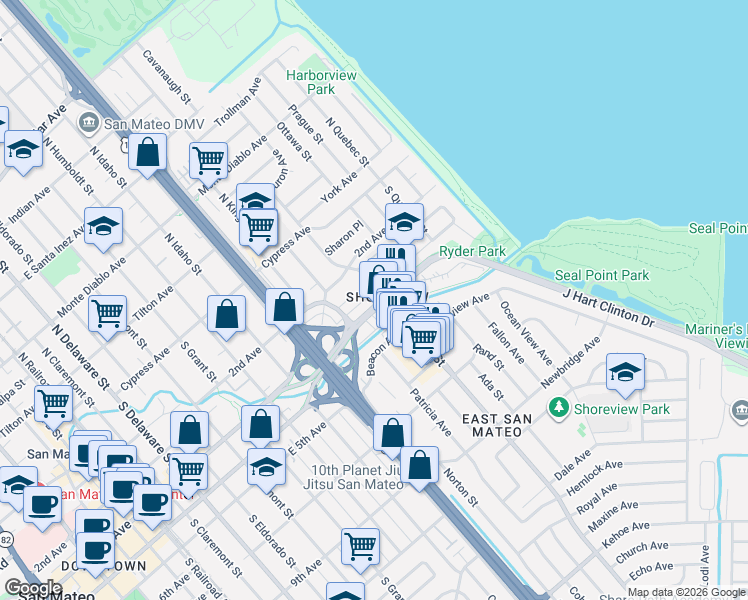 map of restaurants, bars, coffee shops, grocery stores, and more near in San Mateo