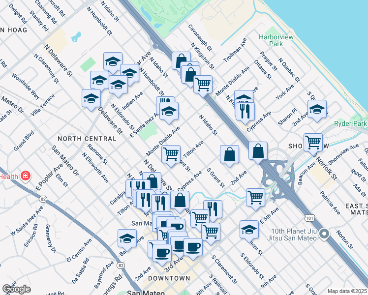 map of restaurants, bars, coffee shops, grocery stores, and more near 122 North Grant Street in San Mateo