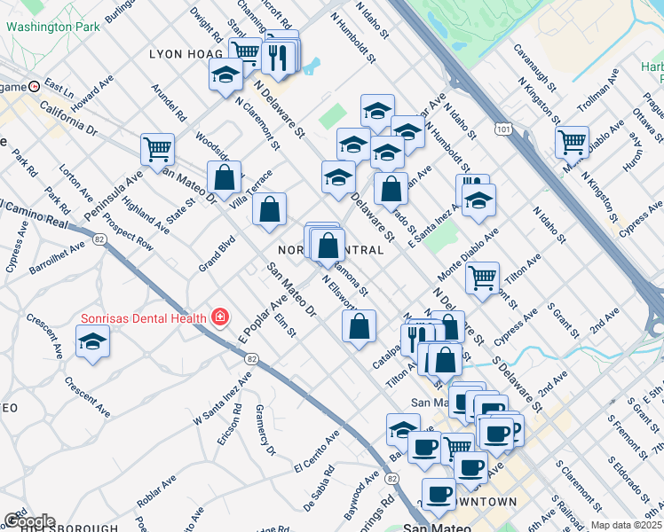 map of restaurants, bars, coffee shops, grocery stores, and more near 321 East Poplar Avenue in San Mateo