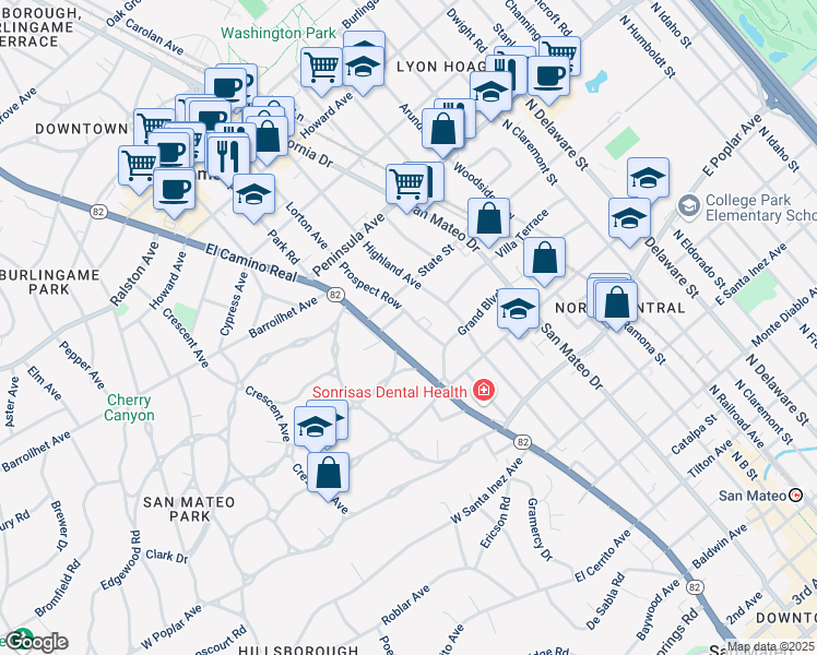 map of restaurants, bars, coffee shops, grocery stores, and more near 704 Prospect Row in San Mateo