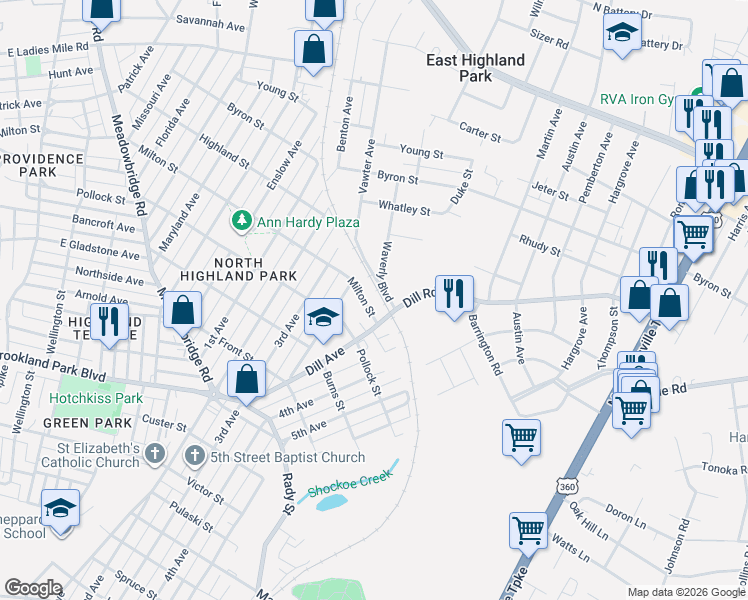 map of restaurants, bars, coffee shops, grocery stores, and more near 1504 Milton Street in Richmond