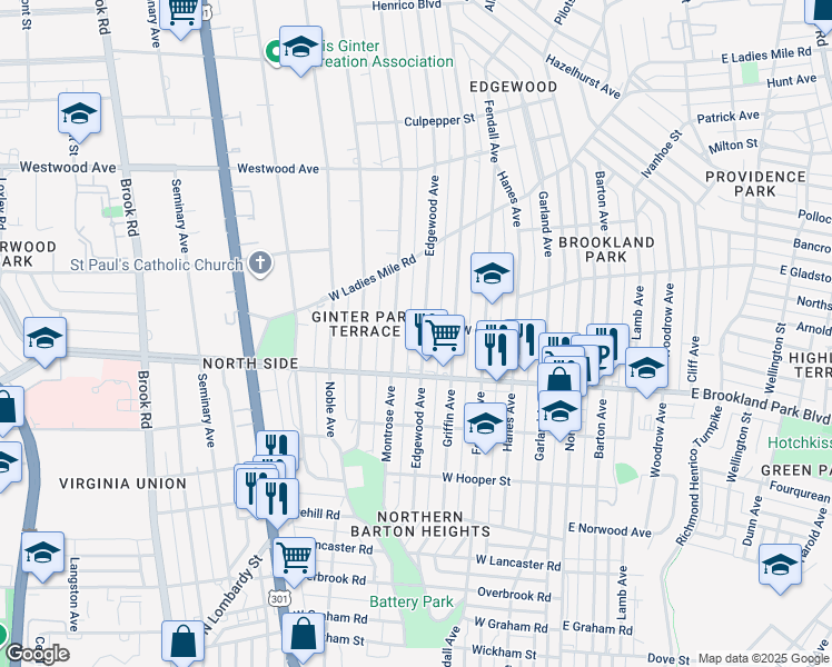 map of restaurants, bars, coffee shops, grocery stores, and more near 3100 Edgewood Avenue in Richmond