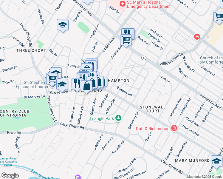 map of restaurants, bars, coffee shops, grocery stores, and more near 5600 Grove Avenue in Richmond