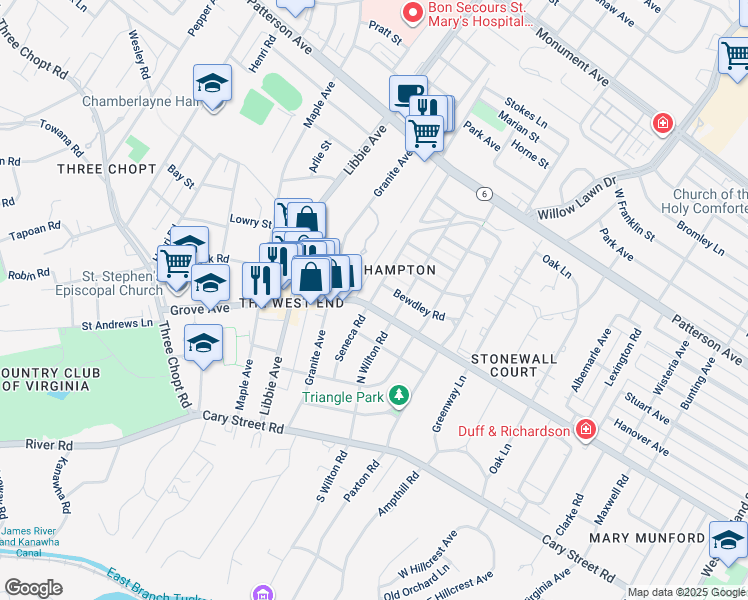 map of restaurants, bars, coffee shops, grocery stores, and more near 5600 Grove Avenue in Richmond