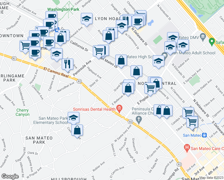 map of restaurants, bars, coffee shops, grocery stores, and more near 605 Highland Avenue in San Mateo