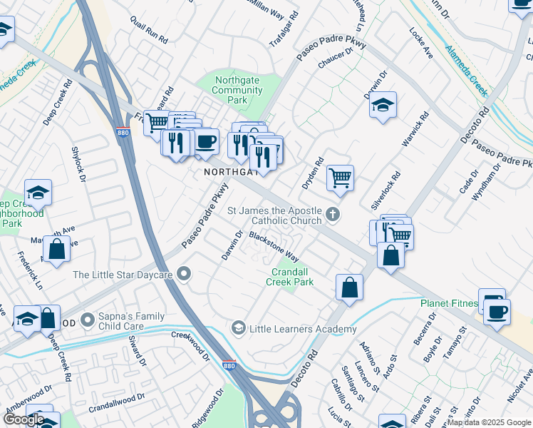 map of restaurants, bars, coffee shops, grocery stores, and more near 34512 Nantucket Common in Fremont