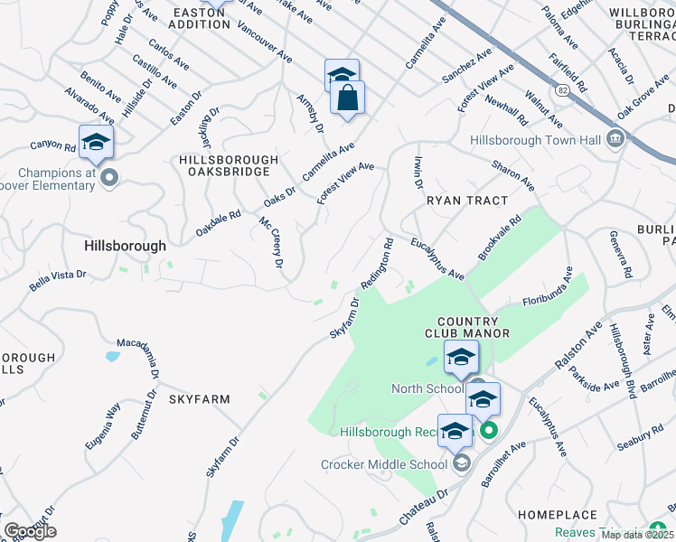 map of restaurants, bars, coffee shops, grocery stores, and more near 2155 Geri Lane in Hillsborough