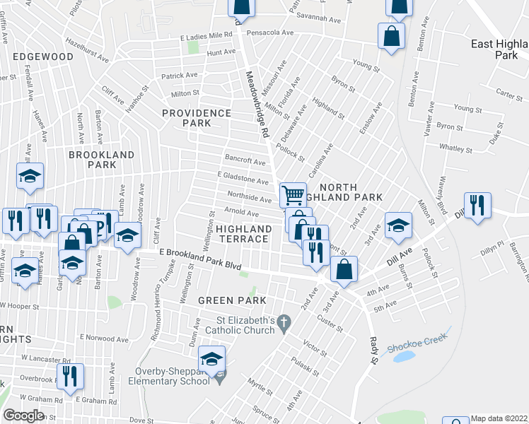 map of restaurants, bars, coffee shops, grocery stores, and more near 729 Northside Avenue in Richmond