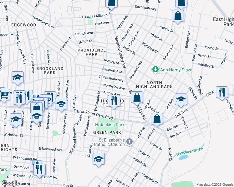 map of restaurants, bars, coffee shops, grocery stores, and more near 712 Arnold Avenue in Richmond