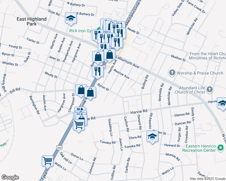 map of restaurants, bars, coffee shops, grocery stores, and more near 2502 Byron Street in Richmond
