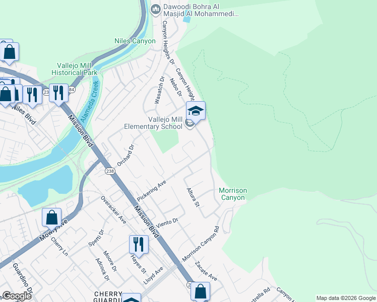 map of restaurants, bars, coffee shops, grocery stores, and more near 38698 Chrisholm Place in Fremont