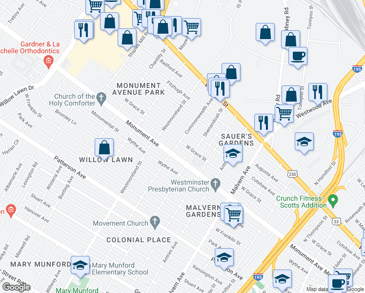 map of restaurants, bars, coffee shops, grocery stores, and more near 4411 West Grace Street in Richmond