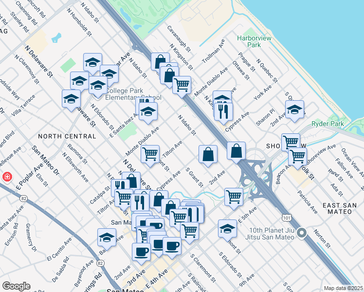 map of restaurants, bars, coffee shops, grocery stores, and more near 41 North Humboldt Street in San Mateo