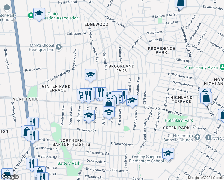 map of restaurants, bars, coffee shops, grocery stores, and more near 3102 North Avenue in Richmond
