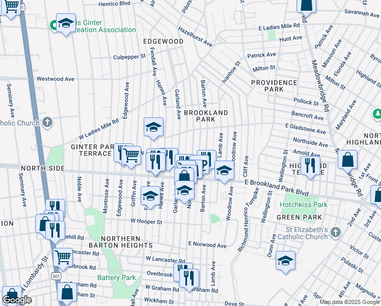 map of restaurants, bars, coffee shops, grocery stores, and more near 3102 North Avenue in Richmond