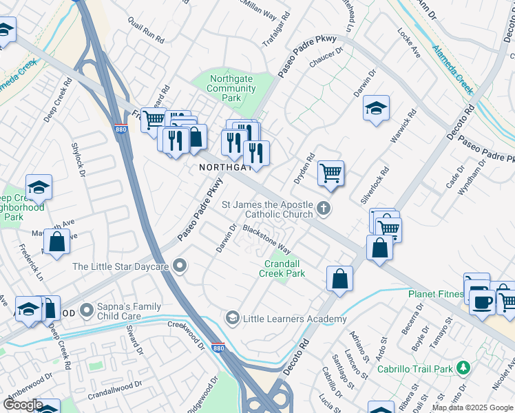 map of restaurants, bars, coffee shops, grocery stores, and more near 34547 Nantucket Common in Fremont