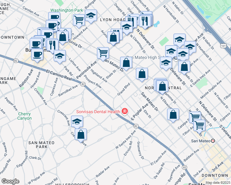 map of restaurants, bars, coffee shops, grocery stores, and more near 614 Highland Avenue in San Mateo