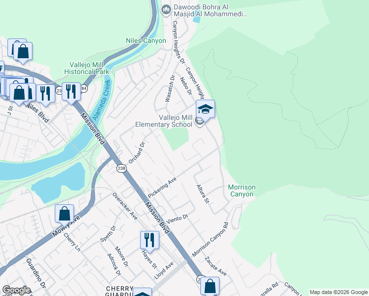 map of restaurants, bars, coffee shops, grocery stores, and more near 454 Lowell Place in Fremont
