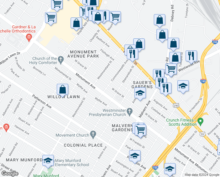 map of restaurants, bars, coffee shops, grocery stores, and more near 4411 West Grace Street in Richmond