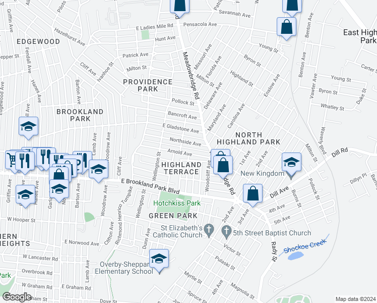 map of restaurants, bars, coffee shops, grocery stores, and more near 712 Arnold Avenue in Richmond