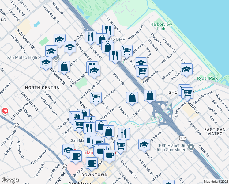 map of restaurants, bars, coffee shops, grocery stores, and more near 47 North Humboldt Street in San Mateo