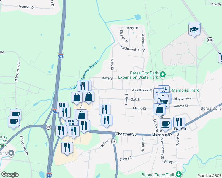 map of restaurants, bars, coffee shops, grocery stores, and more near Goins Street in Berea