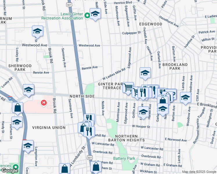 map of restaurants, bars, coffee shops, grocery stores, and more near 3021 Noble Avenue in Richmond
