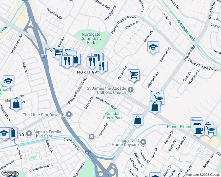 map of restaurants, bars, coffee shops, grocery stores, and more near 4015 Clydesdale Common in Fremont