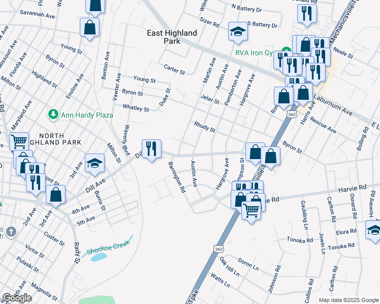 map of restaurants, bars, coffee shops, grocery stores, and more near 3704 Dill Road in Richmond