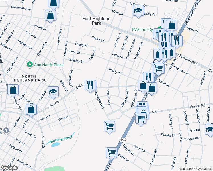 map of restaurants, bars, coffee shops, grocery stores, and more near 3704 Dill Road in Richmond
