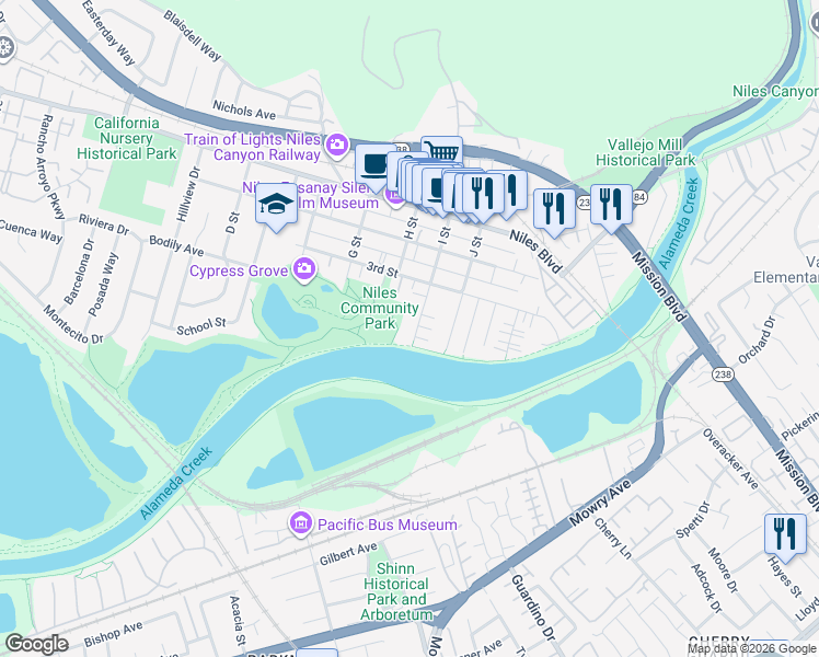 map of restaurants, bars, coffee shops, grocery stores, and more near 339 I Street in Fremont