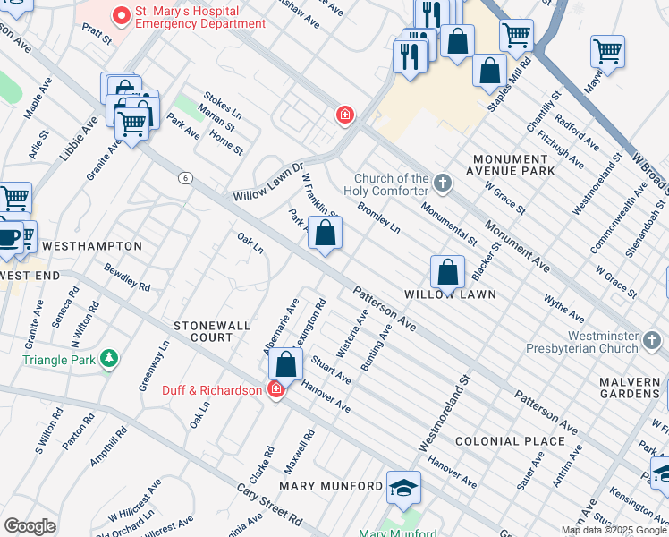 map of restaurants, bars, coffee shops, grocery stores, and more near 5004 Patterson Avenue in Richmond