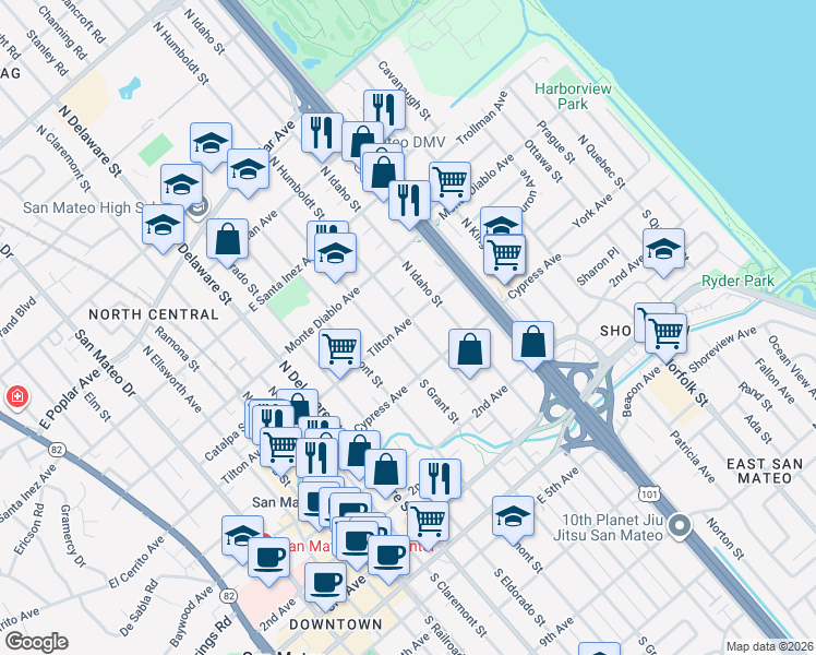 map of restaurants, bars, coffee shops, grocery stores, and more near 47 North Humboldt Street in San Mateo