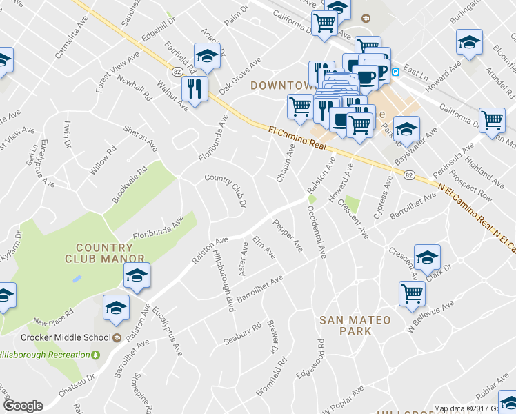 map of restaurants, bars, coffee shops, grocery stores, and more near 315 Pepper Avenue in Hillsborough