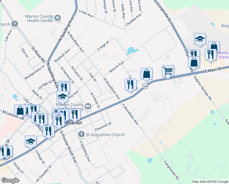 map of restaurants, bars, coffee shops, grocery stores, and more near 18 North Woodlawn Avenue in Lebanon