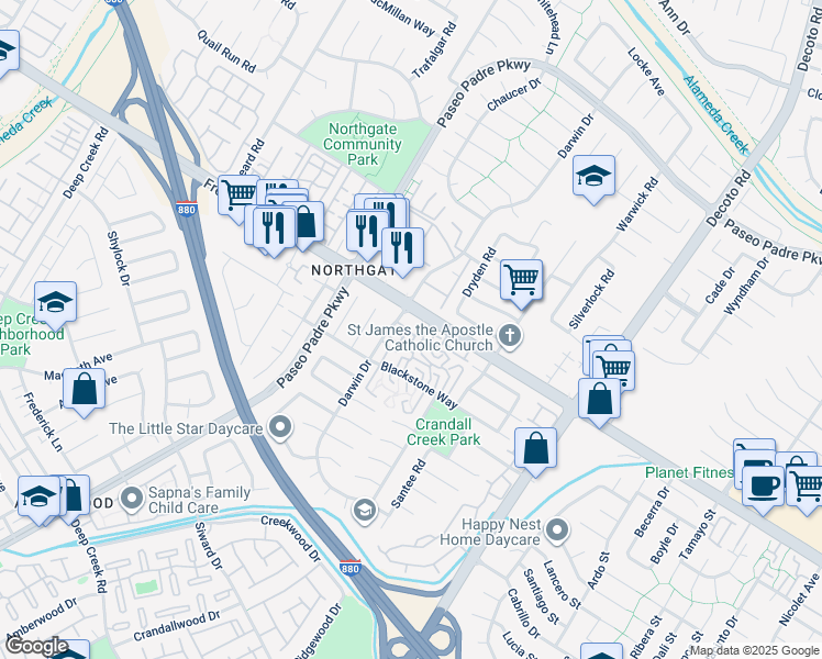 map of restaurants, bars, coffee shops, grocery stores, and more near 34552 Nantucket Common in Fremont