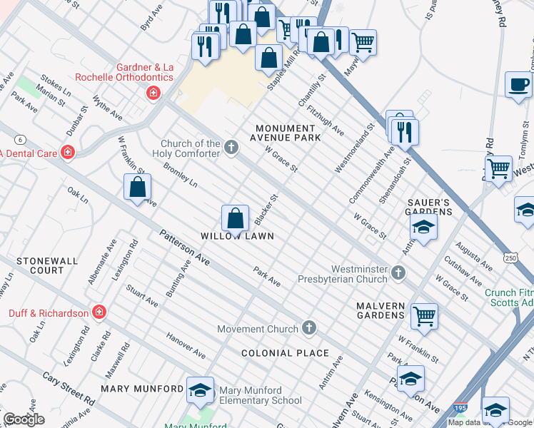 map of restaurants, bars, coffee shops, grocery stores, and more near 4619 Wythe Avenue in Richmond