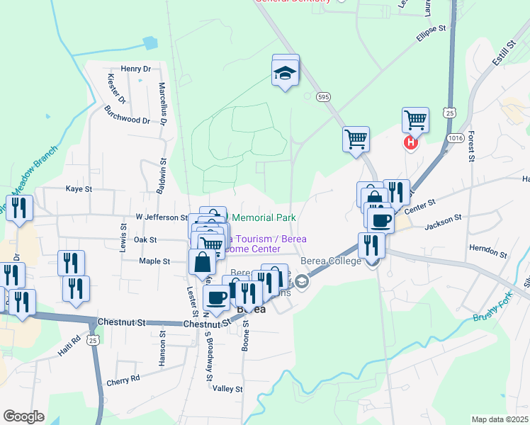 map of restaurants, bars, coffee shops, grocery stores, and more near 102 Mill Street in Berea