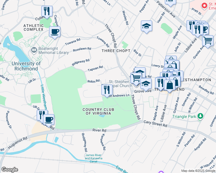 map of restaurants, bars, coffee shops, grocery stores, and more near 11 Robin Road in Richmond