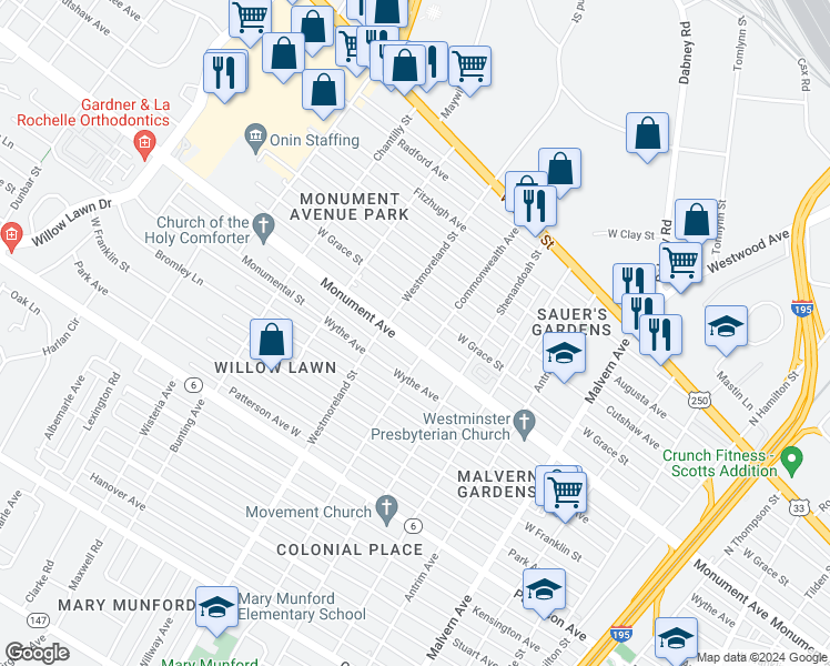 map of restaurants, bars, coffee shops, grocery stores, and more near 4506 Monument Avenue in Richmond