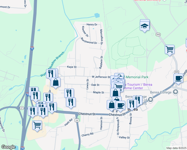 map of restaurants, bars, coffee shops, grocery stores, and more near 562 West Jefferson Street in Berea